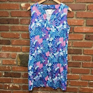 STELLA PARKER UPF 30+‎ Cover Up Sleeveless Sun Dress Tropical Blue Pockets Sz M